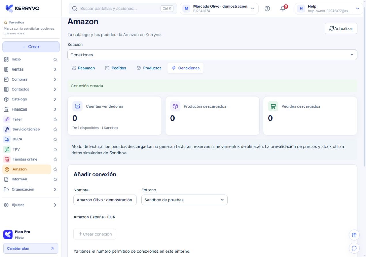 Conexión Sandbox creada y requisitos de configuración y lectura de Amazon