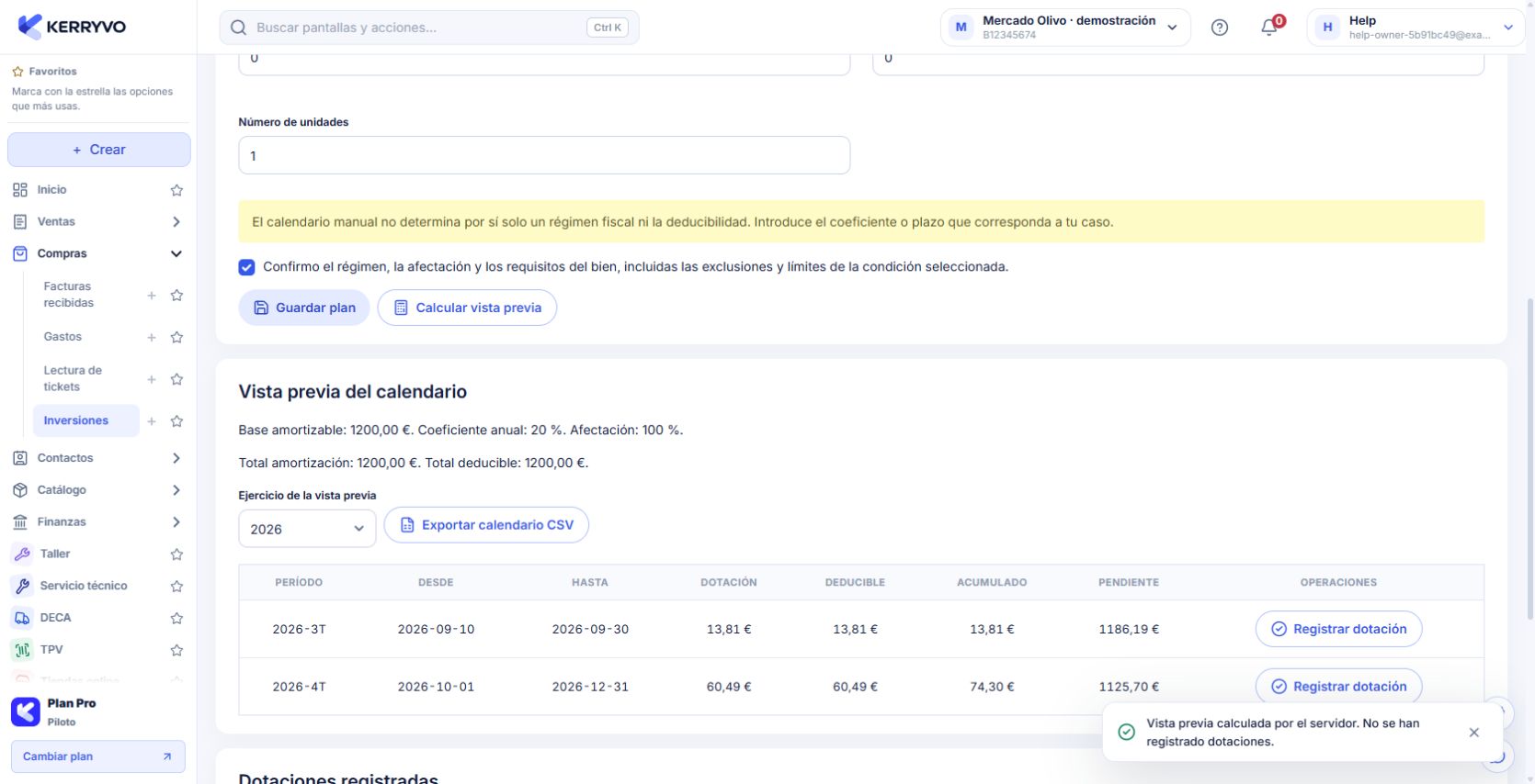 Calendario de amortización con vista previa y acciones de registro