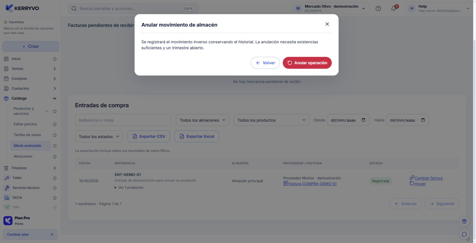 Confirmación de anulación de una entrada con conservación de historial y movimiento inverso
