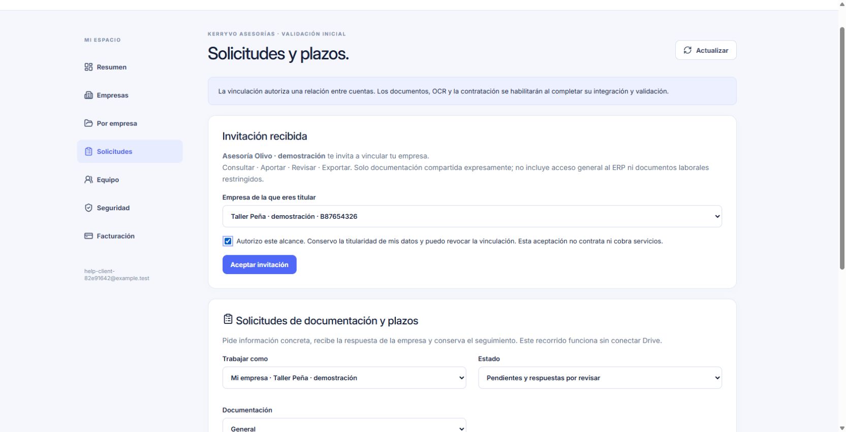 Alcance de asesoría revisado para la empresa ficticia antes de aceptar