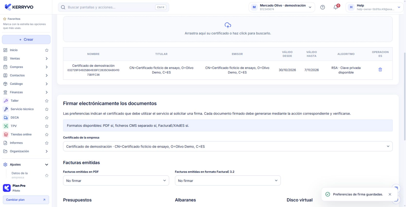 Certificado ficticio importado y preferencias de firma por documento
