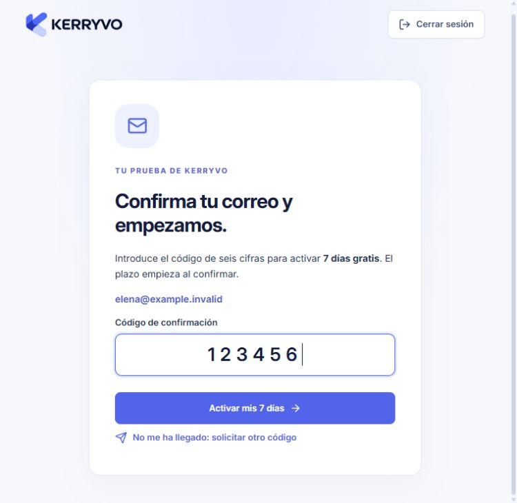 Confirmación del correo con código de seis cifras