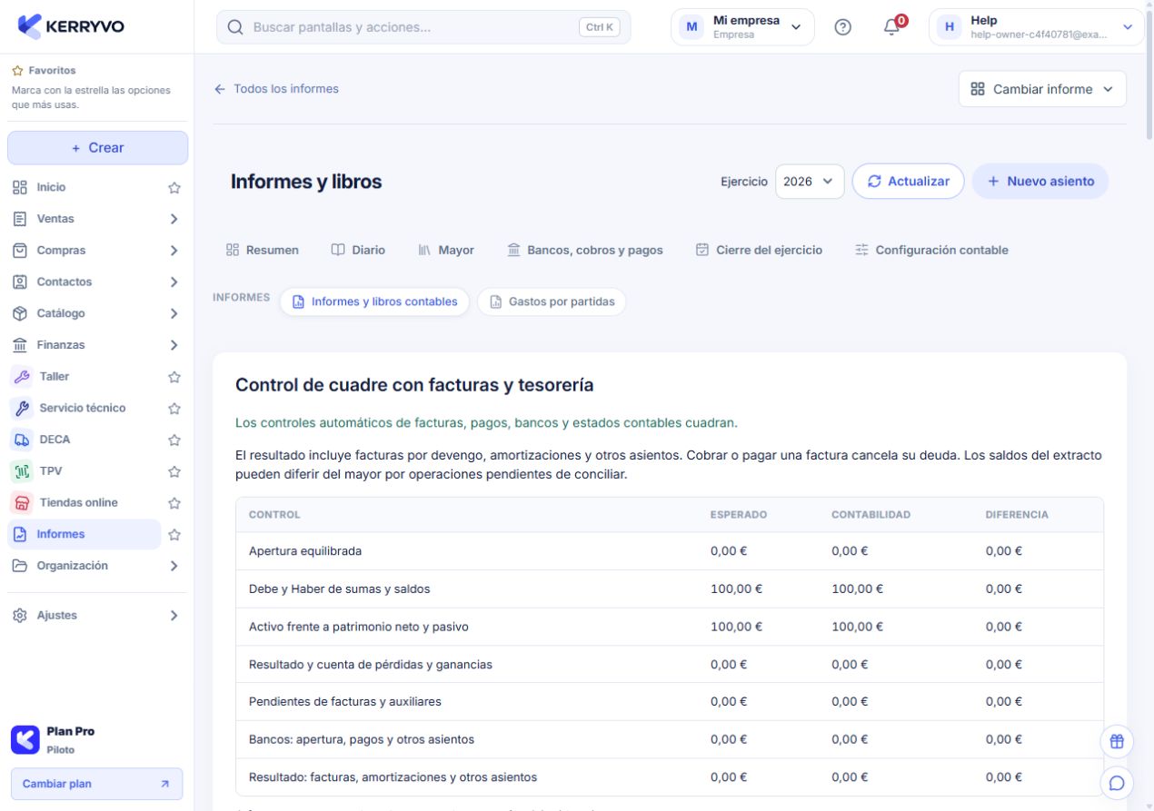 Control de cuadre, balances y exportación de informes por ejercicio