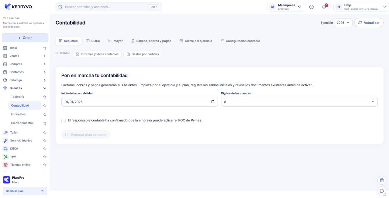 Inicio y dígitos del plan contable antes de prepararlo