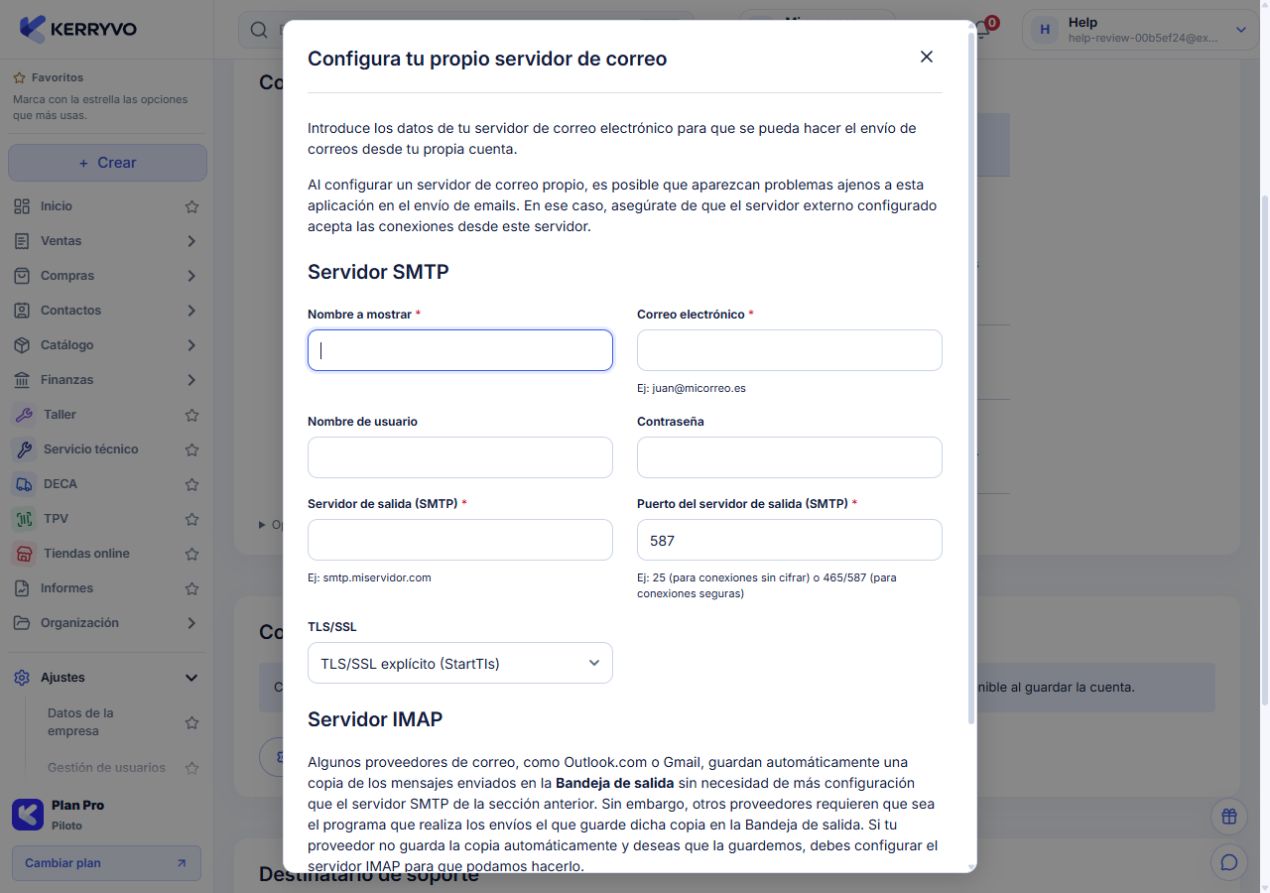 Campos del servidor SMTP con dirección y servidor ficticios