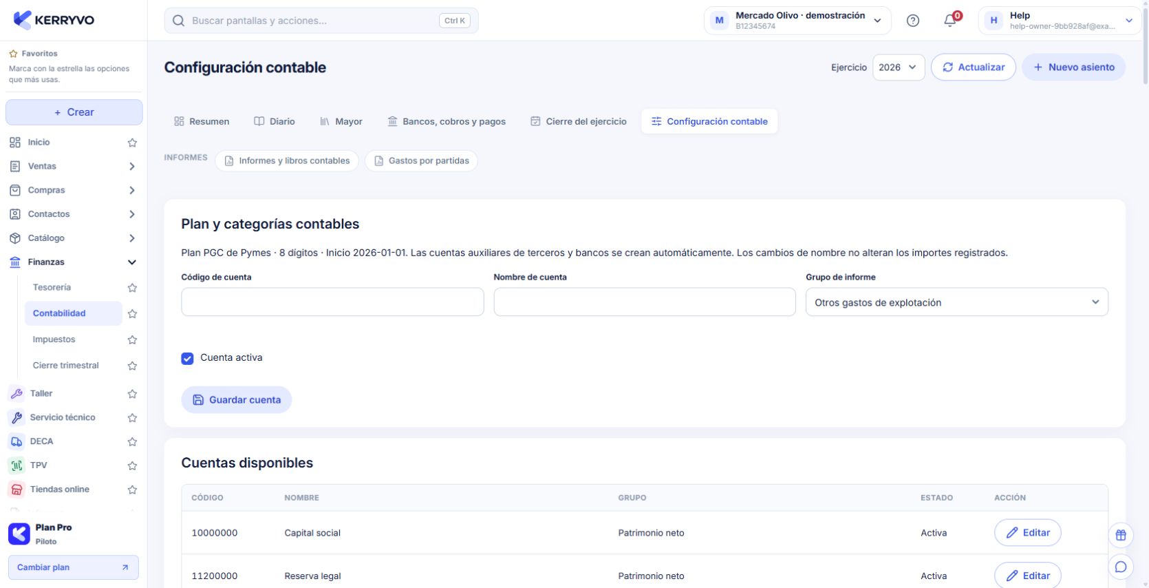 Plan y categorías contables con código, nombre, grupo y estado activo de la cuenta