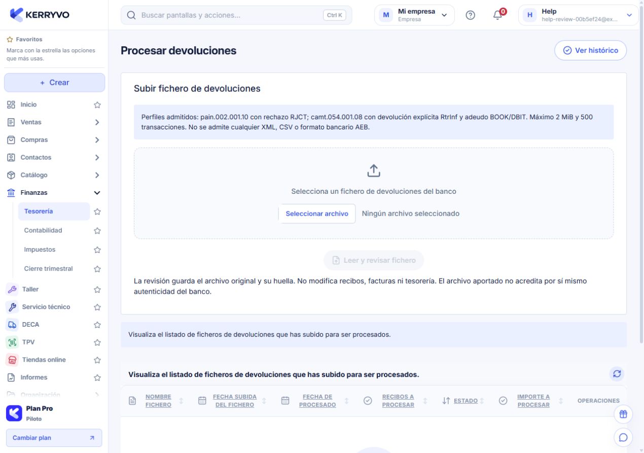 Carga de devoluciones con perfiles XML admitidos y límites de revisión