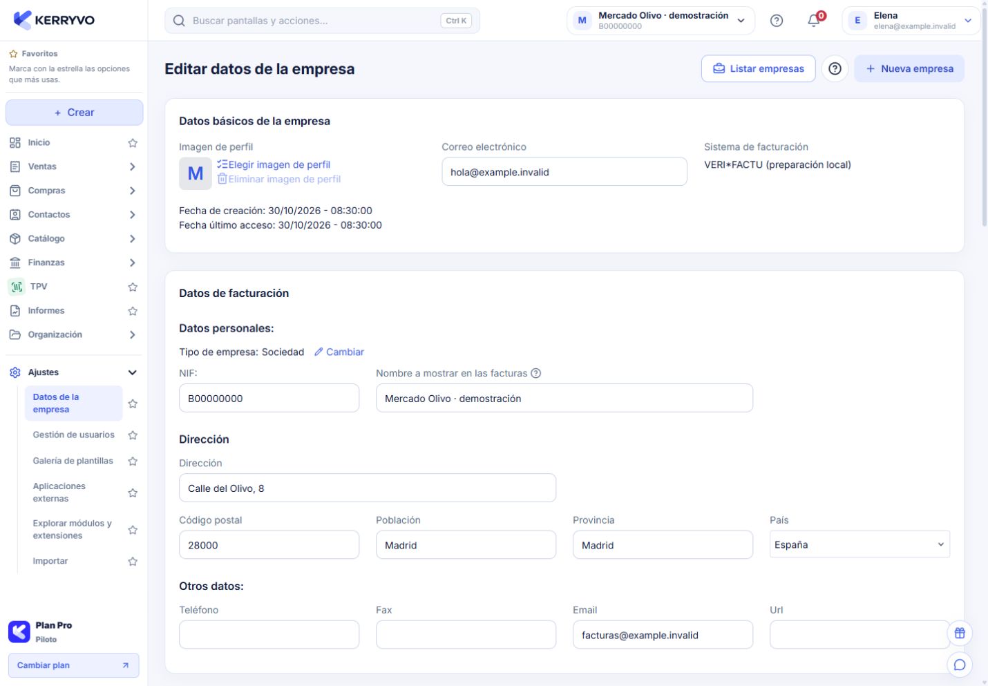 Ficha de empresa de Kerryvo con datos fiscales ficticios