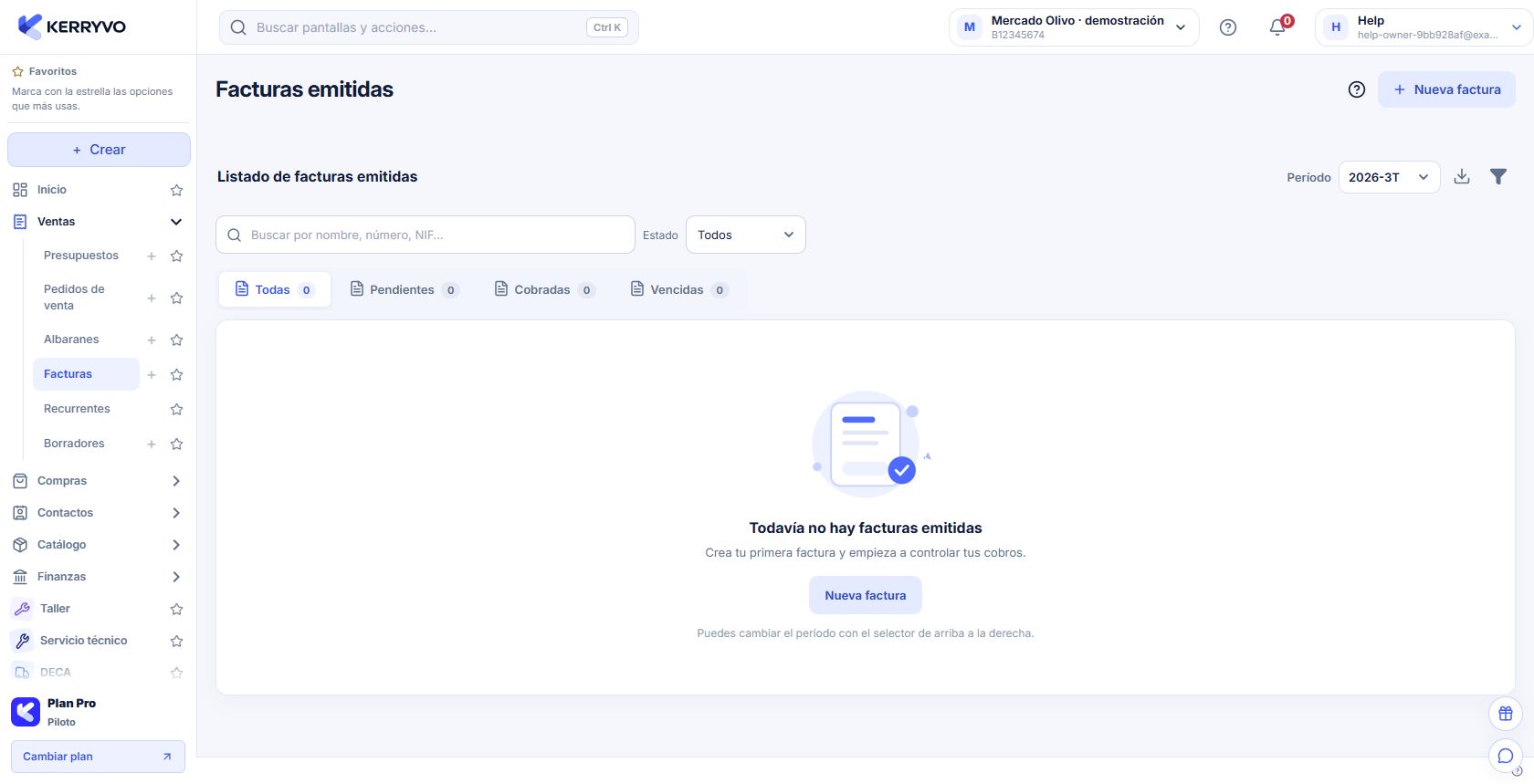 Listado sin facturas al filtrar el tercer trimestre de una empresa con documentos de octubre