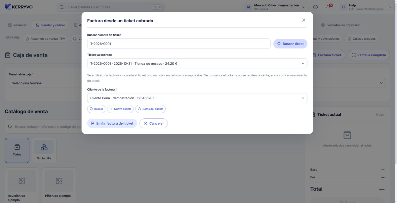 Selección del ticket cobrado y del cliente antes de emitir su factura vinculada