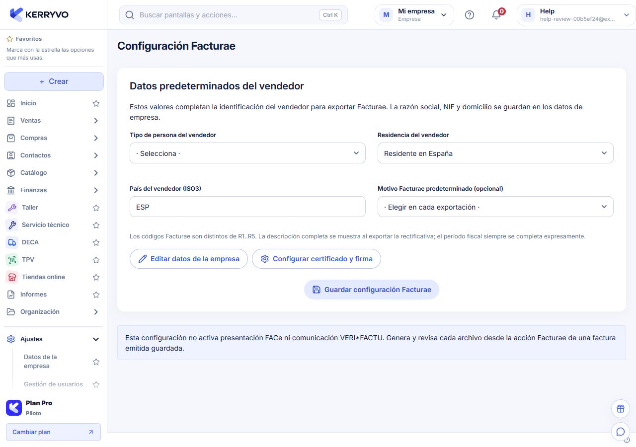 Datos predeterminados del vendedor para Facturae
