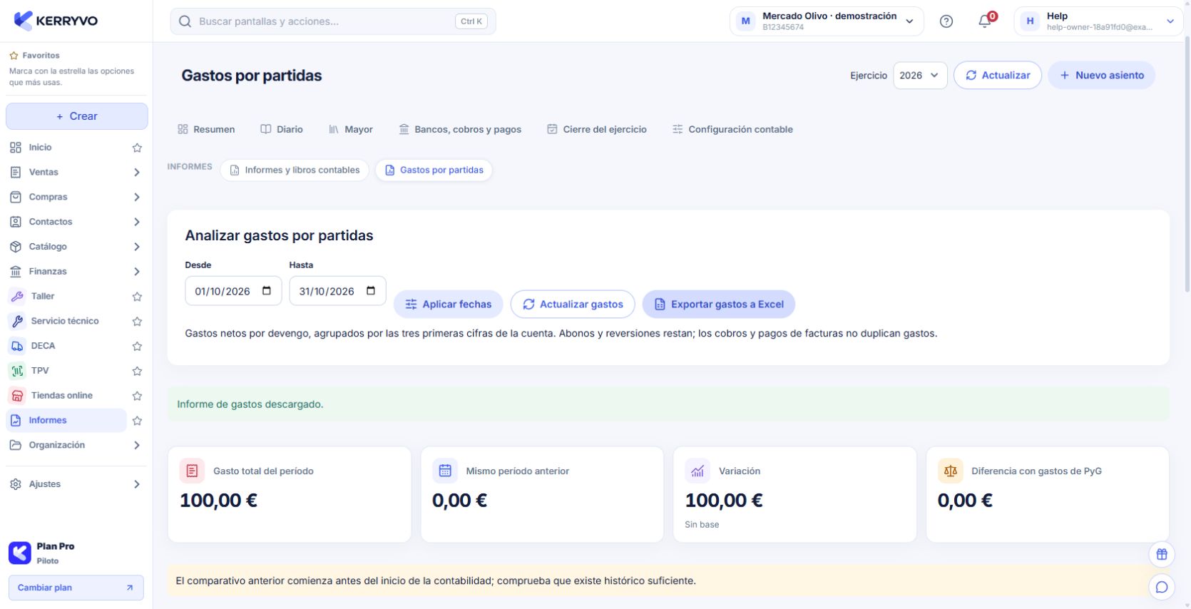 Informe de gastos con fechas de octubre, partida 600 y exportación Excel