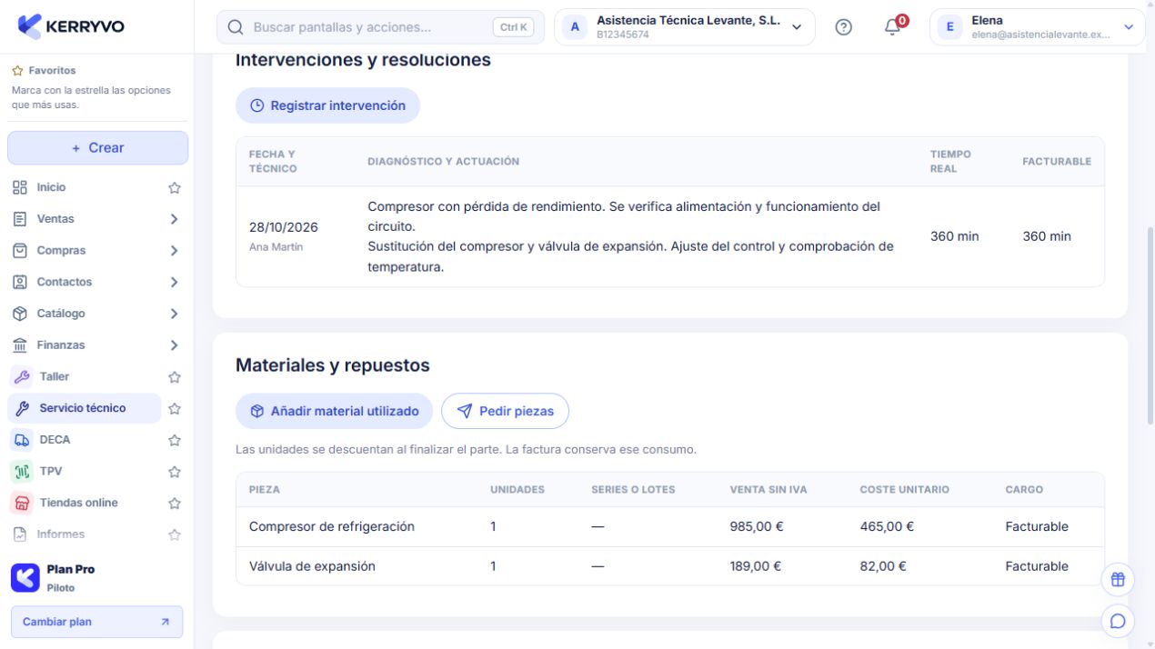 Intervenciones y materiales de un parte de servicio técnico