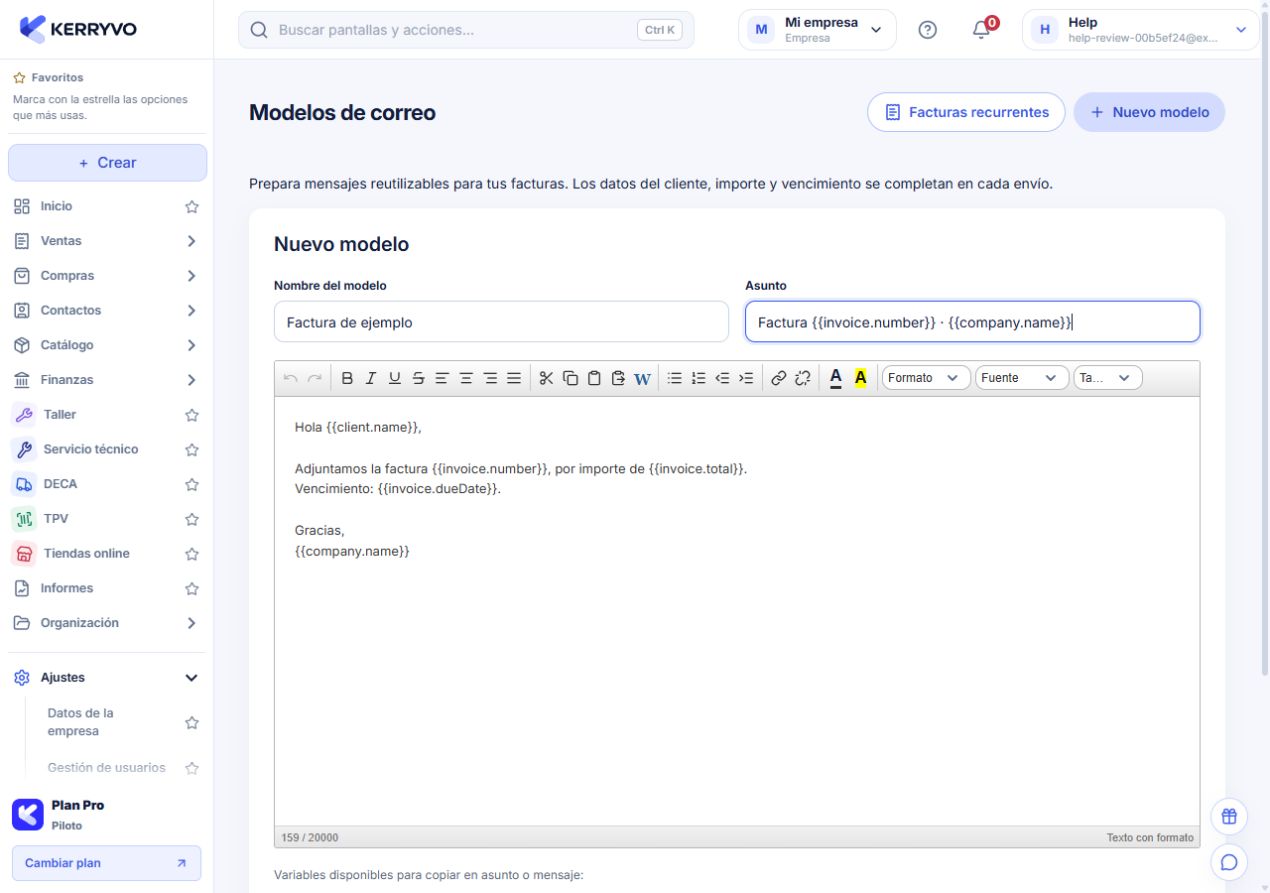 Editor de asunto y mensaje con las variables del modelo de correo