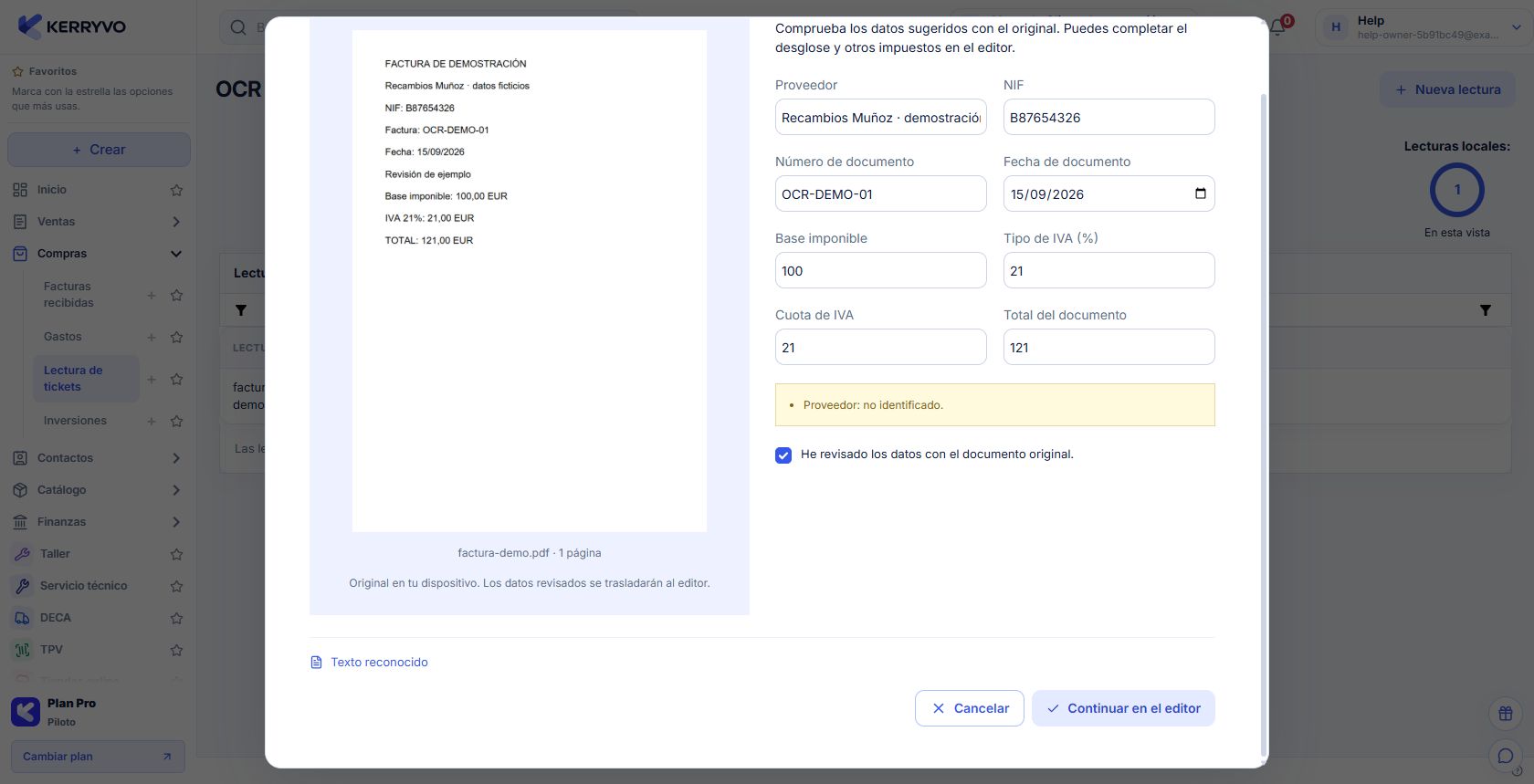 Revisión del proveedor e importes con el PDF original y confirmación obligatoria