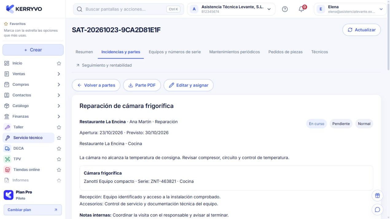 Detalle de un parte de servicio técnico de ejemplo