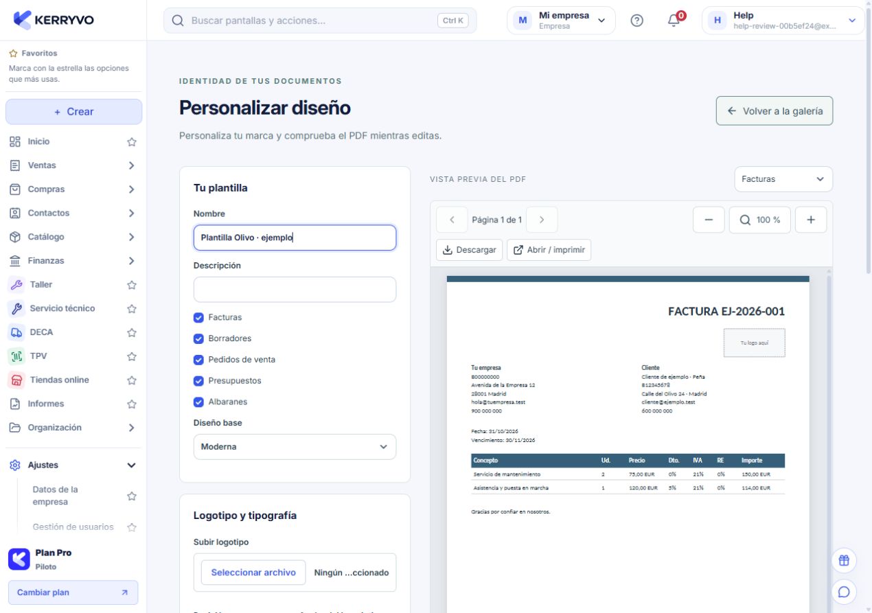 Editor de plantilla con diseño, textos y vista previa del PDF