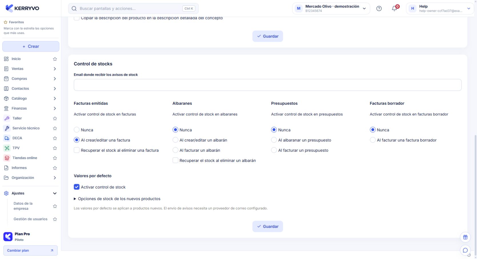 Opciones reales de modificación de stock por documento y configuración de productos nuevos