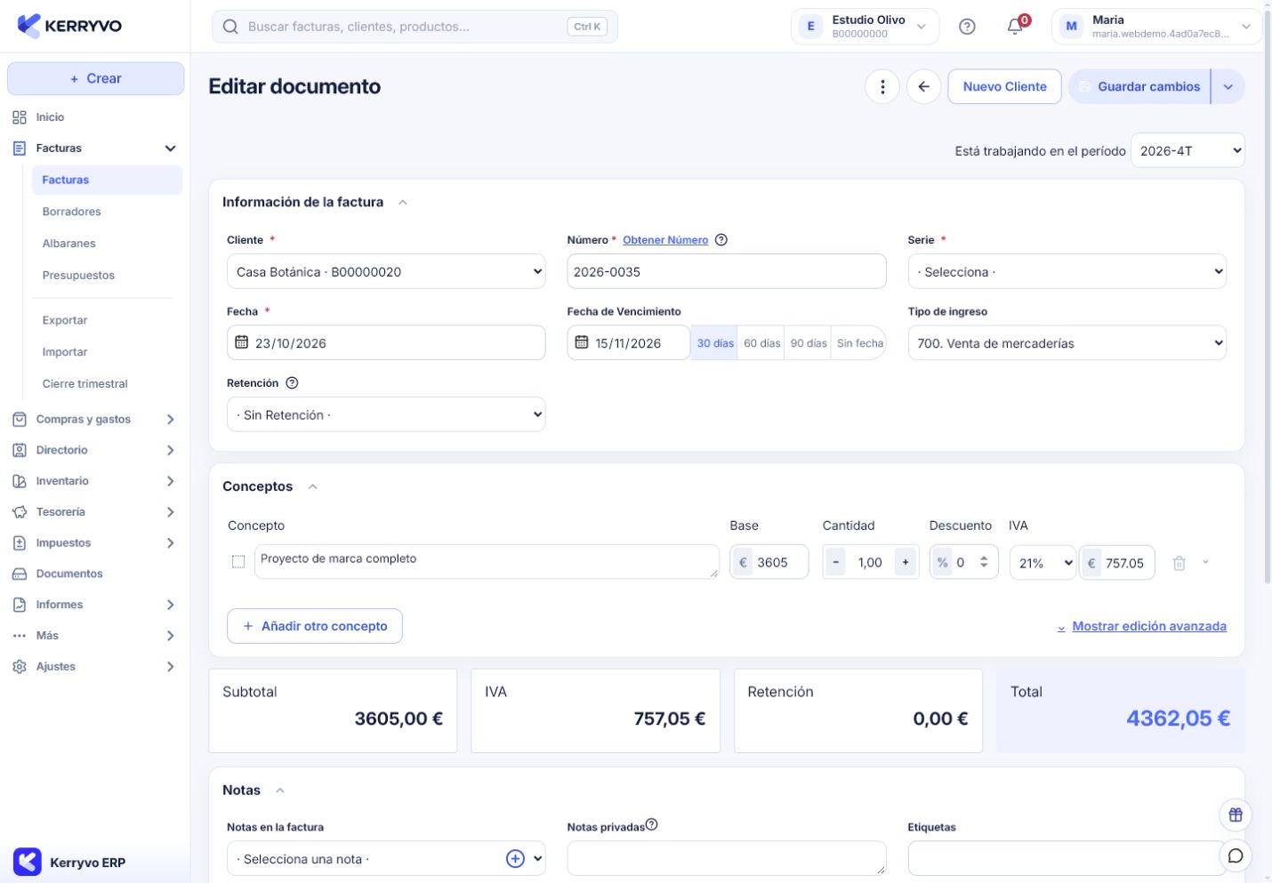 Editor de facturas de Kerryvo con datos de ejemplo