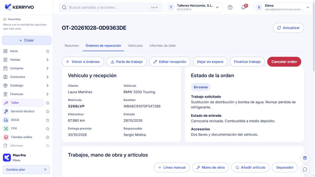 Recepción de un vehículo en la aplicación de taller