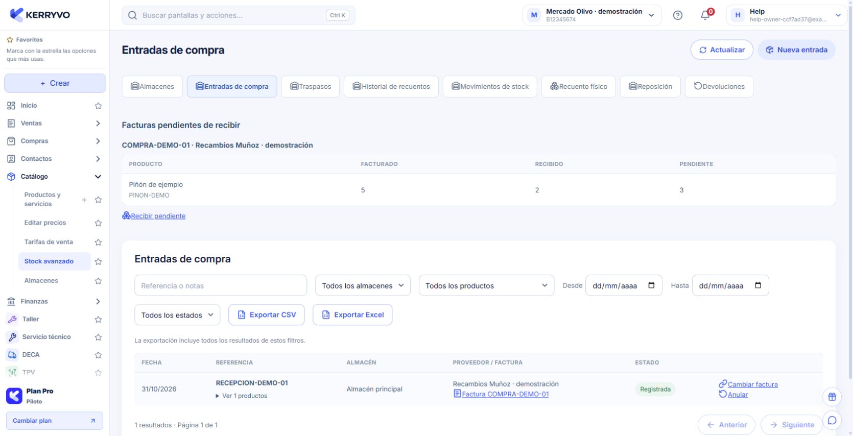 Compra con 5 unidades facturadas, 2 recibidas y 3 pendientes