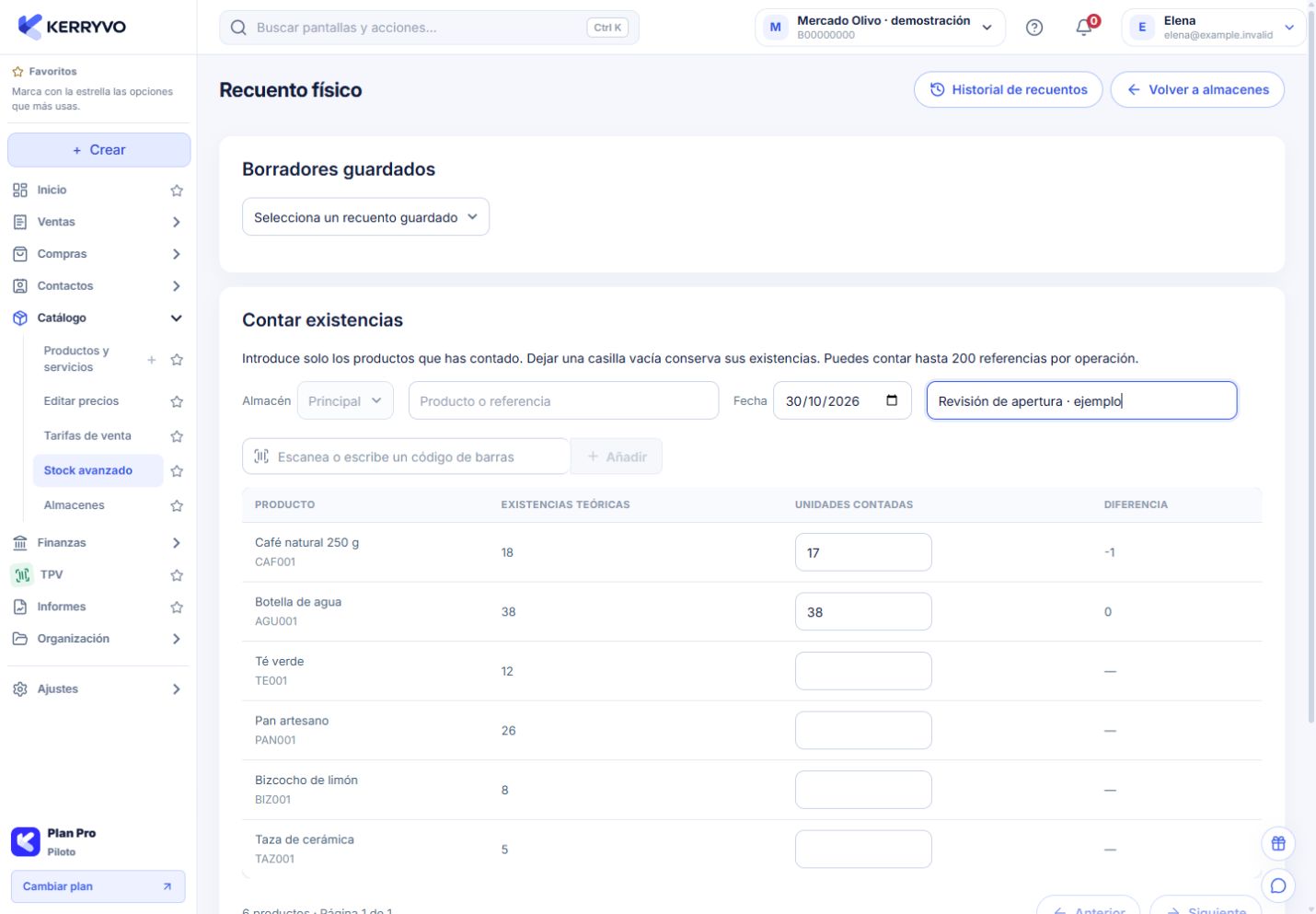 Recuento físico con existencias teóricas, cantidades contadas y diferencias de ejemplo