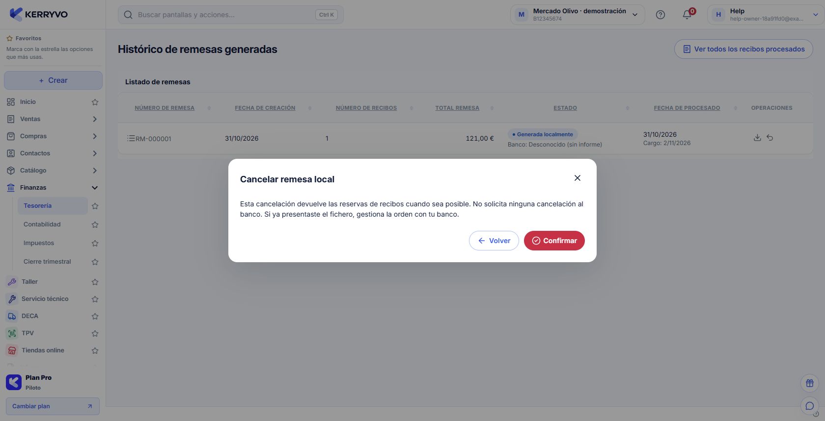 Confirmación de cancelación local con aviso de que no cancela la orden bancaria