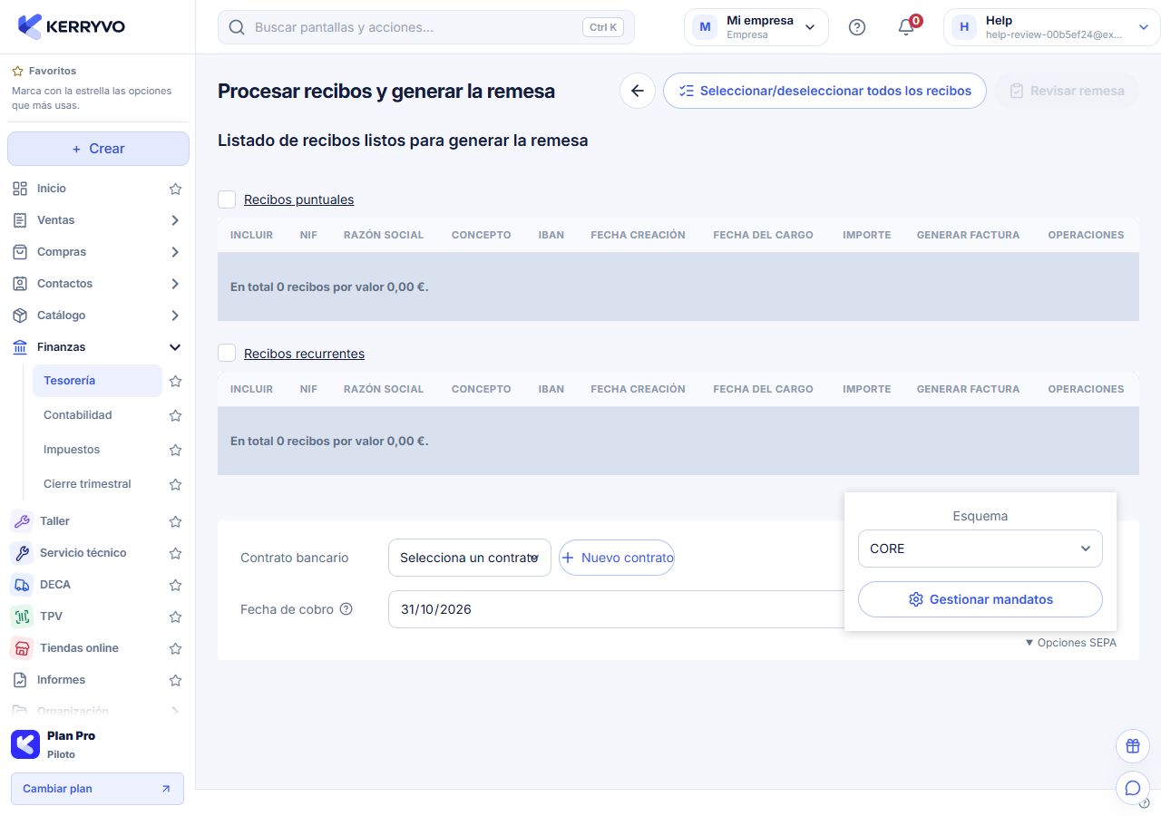 Preparación de remesa con contrato, fecha y esquema SEPA