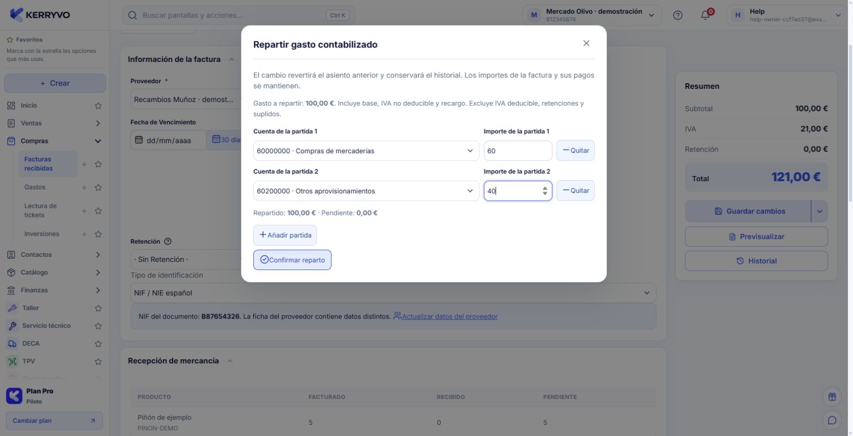 Reparto contabilizado de una compra entre dos cuentas por 60 y 40 euros