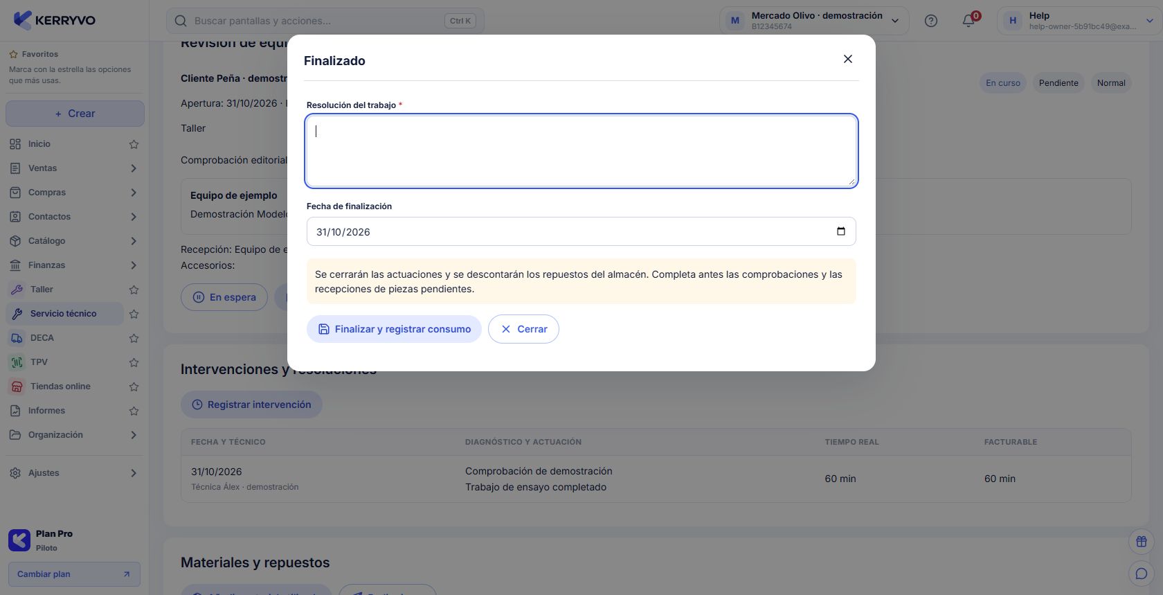 Resolución y fecha antes de finalizar y registrar consumo del parte SAT