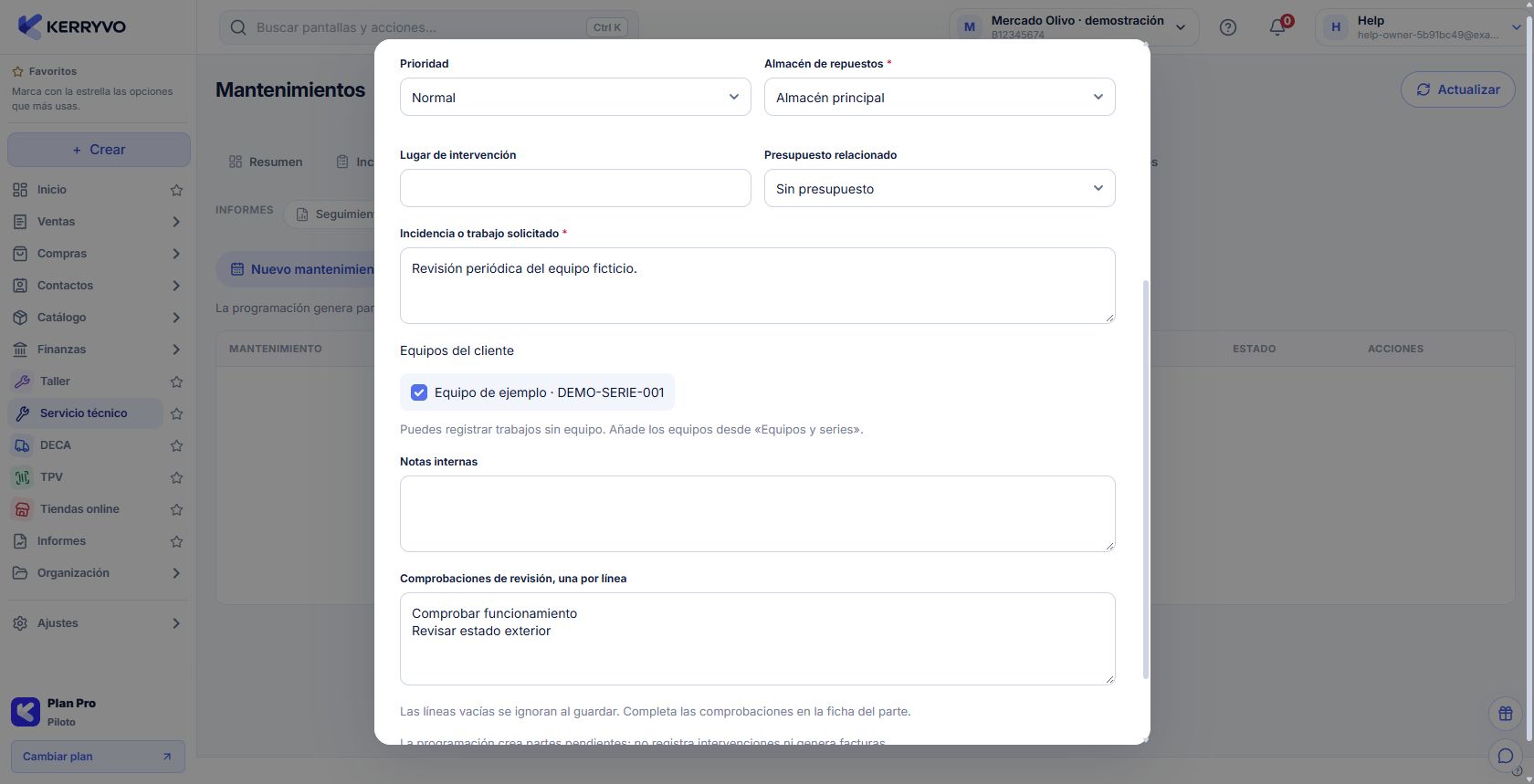Plan periódico con cliente, equipo y comprobaciones previstas