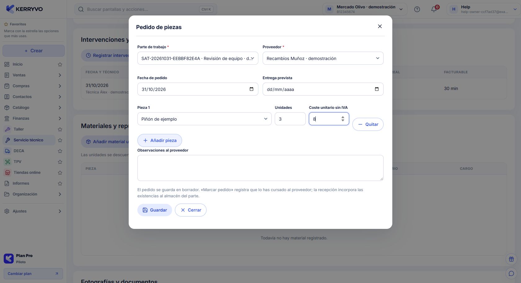 Pedido de tres piezas vinculado a un parte SAT y proveedor ficticios