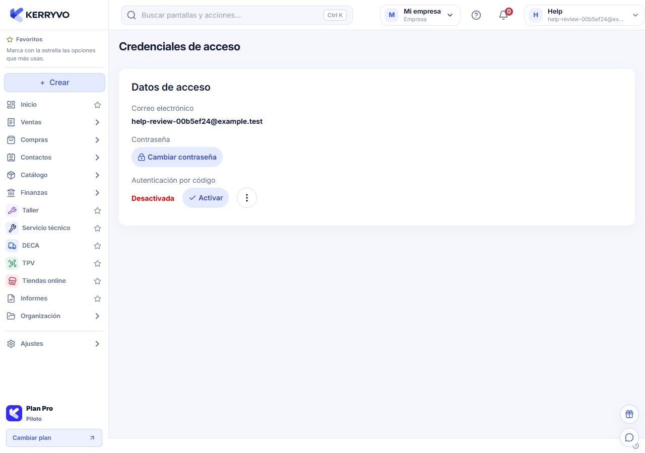 Estado de la autenticación por código de una cuenta ficticia, sin claves visibles