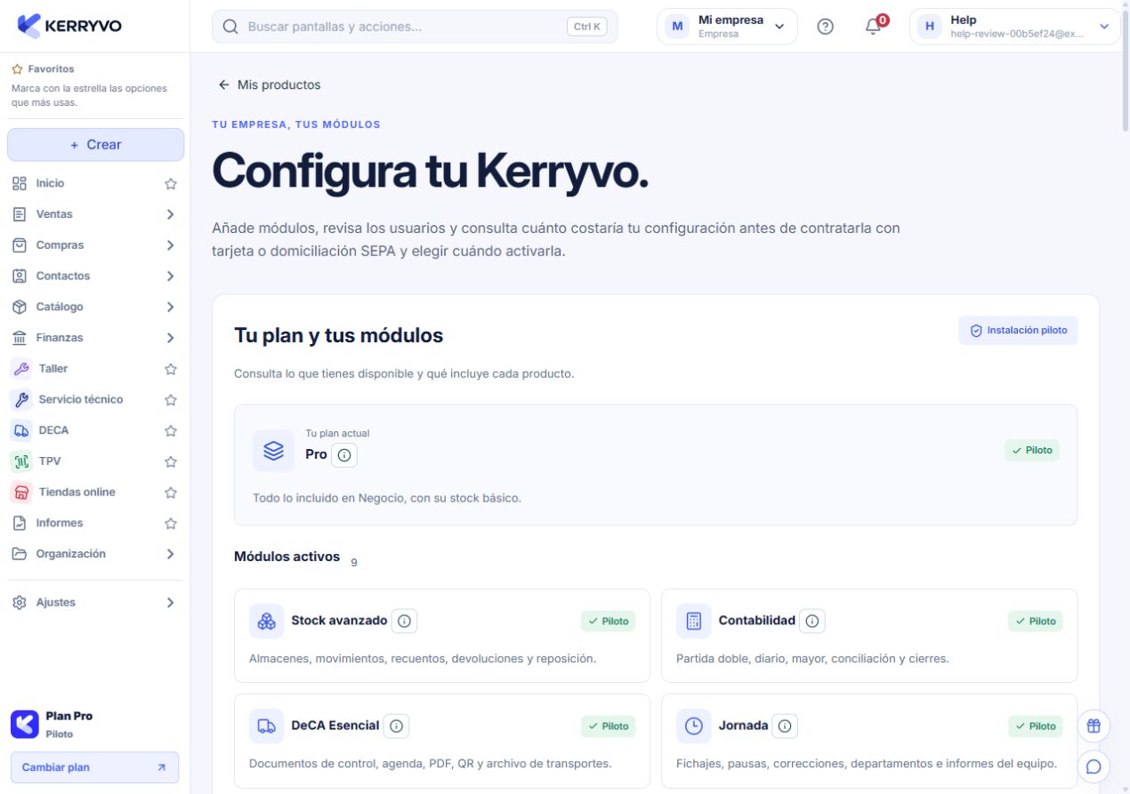 Configuración comercial y módulos en una instalación piloto con datos ficticios