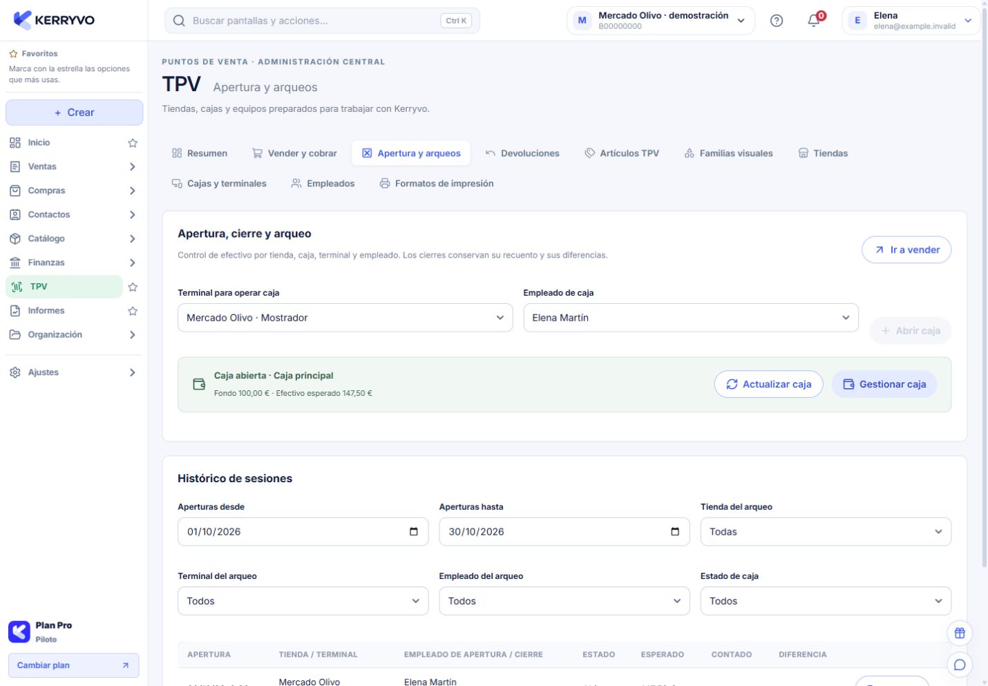Apertura y arqueos del TPV web con caja abierta de ejemplo