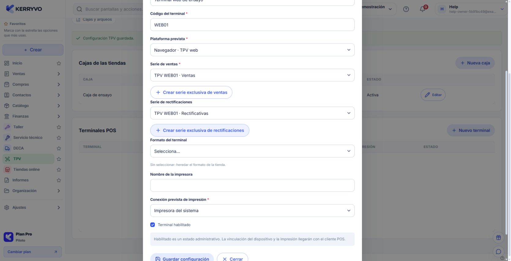 Configuración del terminal web con caja y series propias de venta y rectificación