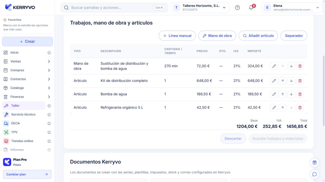 Trabajos de una orden de taller de ejemplo
