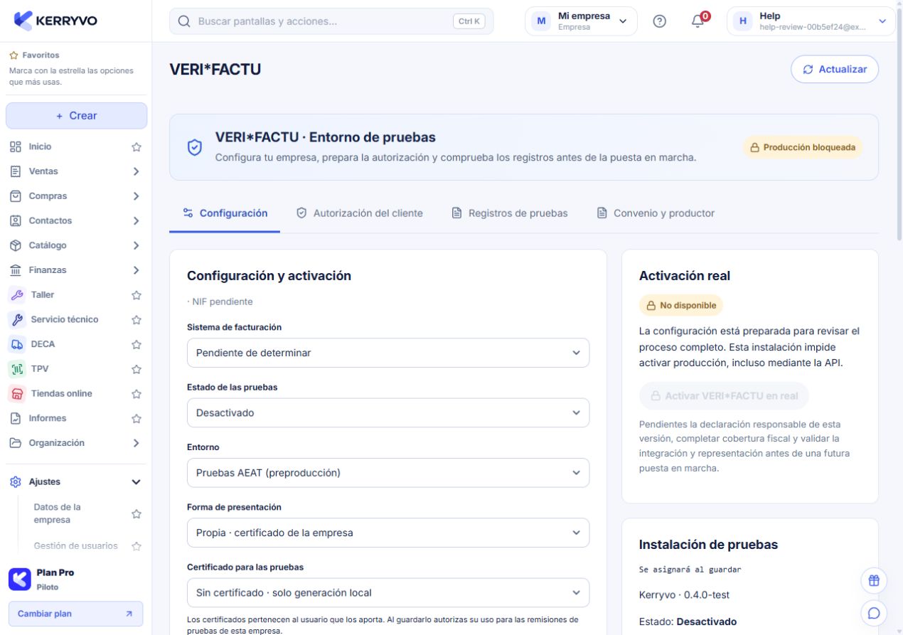 Configuración VERI*FACTU en pruebas con producción bloqueada