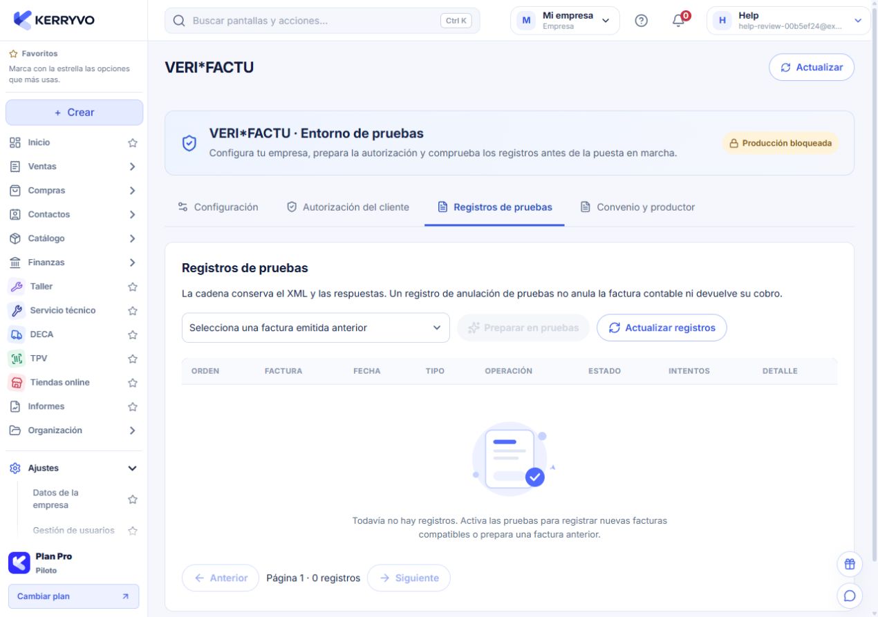 Listado de registros de pruebas y preparación de facturas anteriores