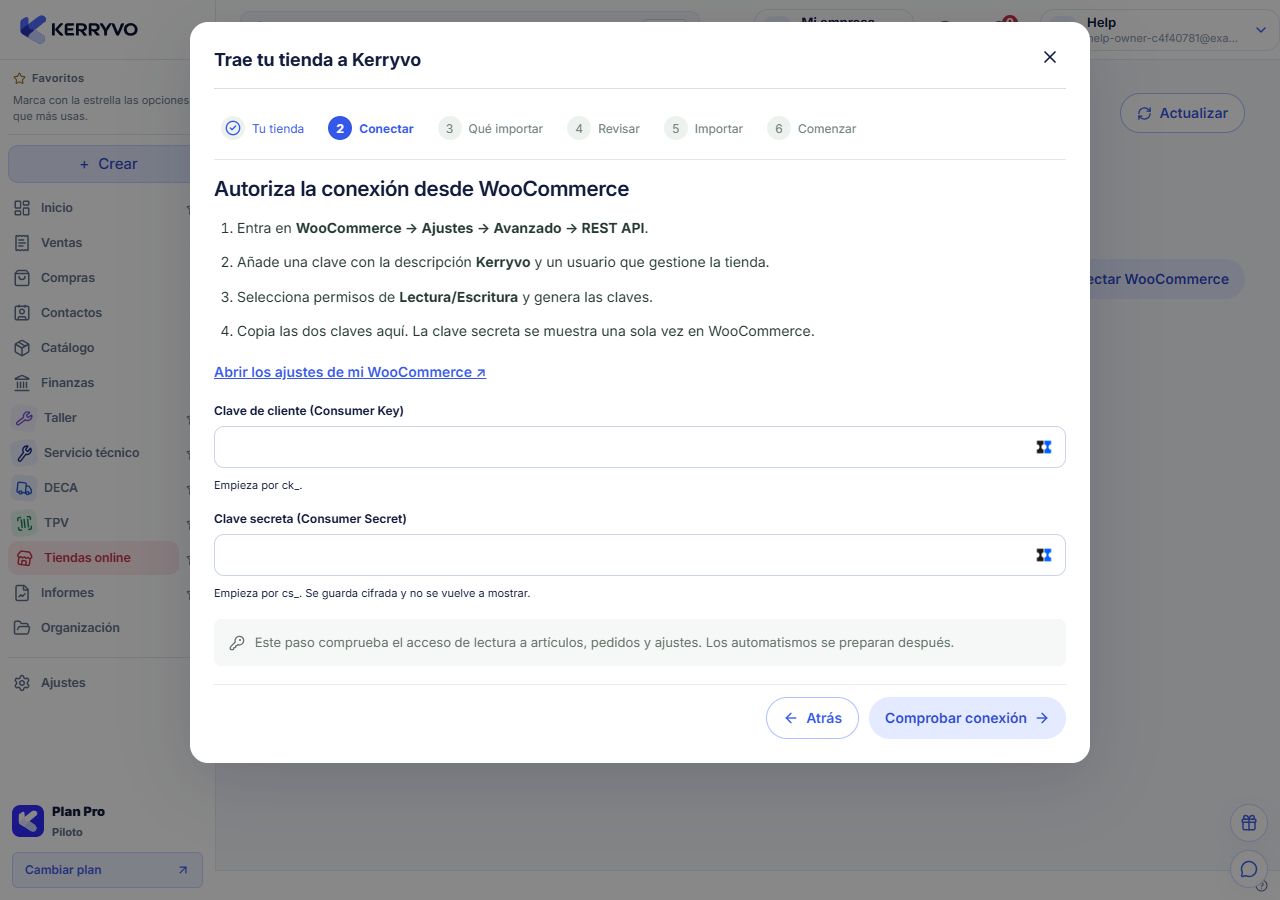 Paso de autorización del asistente WooCommerce sin claves introducidas